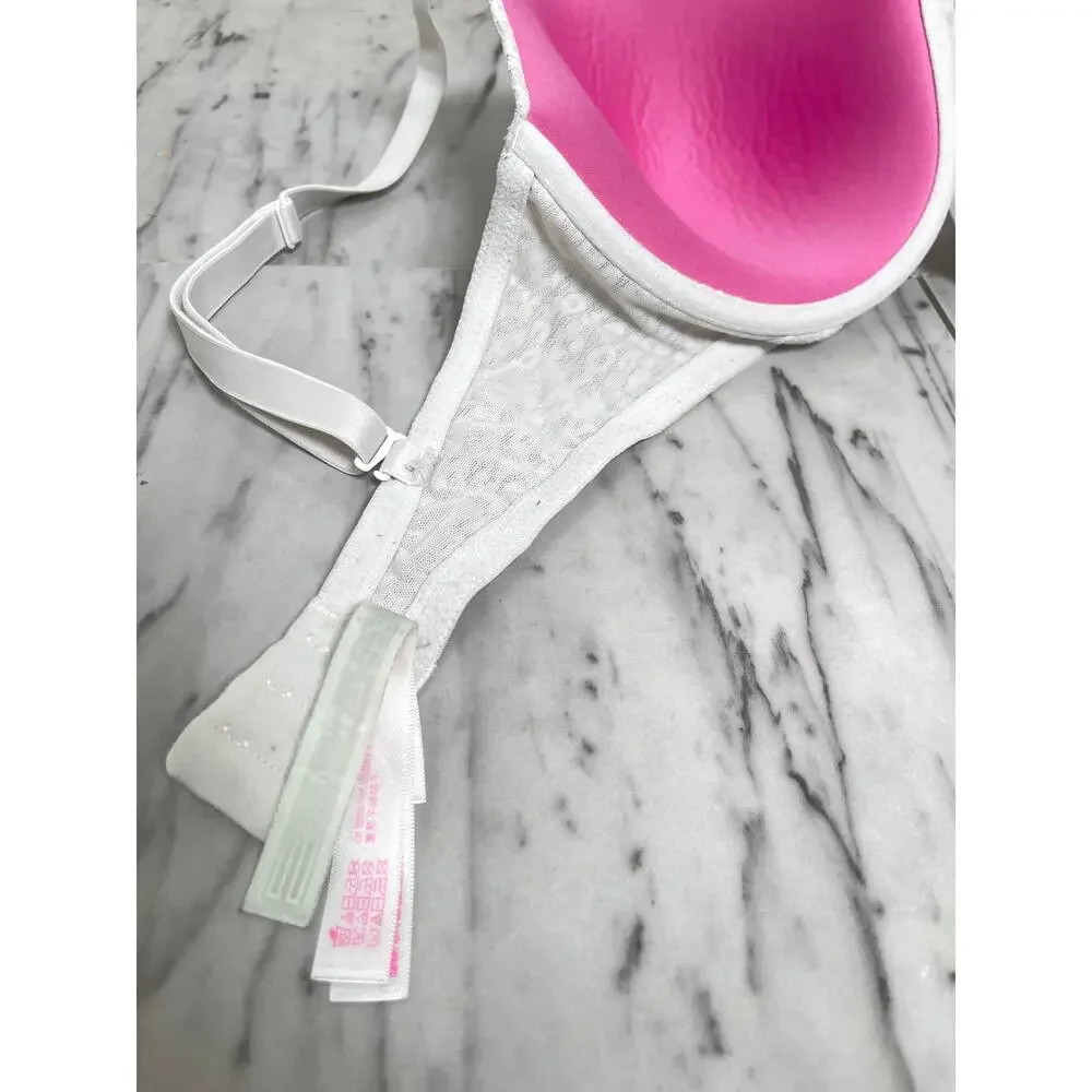 PINK Victoria’s Secret 36DD Bra White Lace Leopard Hot Print  Pink Lining